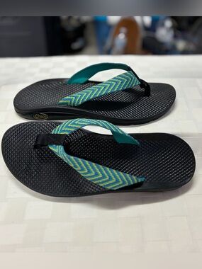 Chaco Black Flip-Flop Sandals with Teal & Lime Chevron Straps